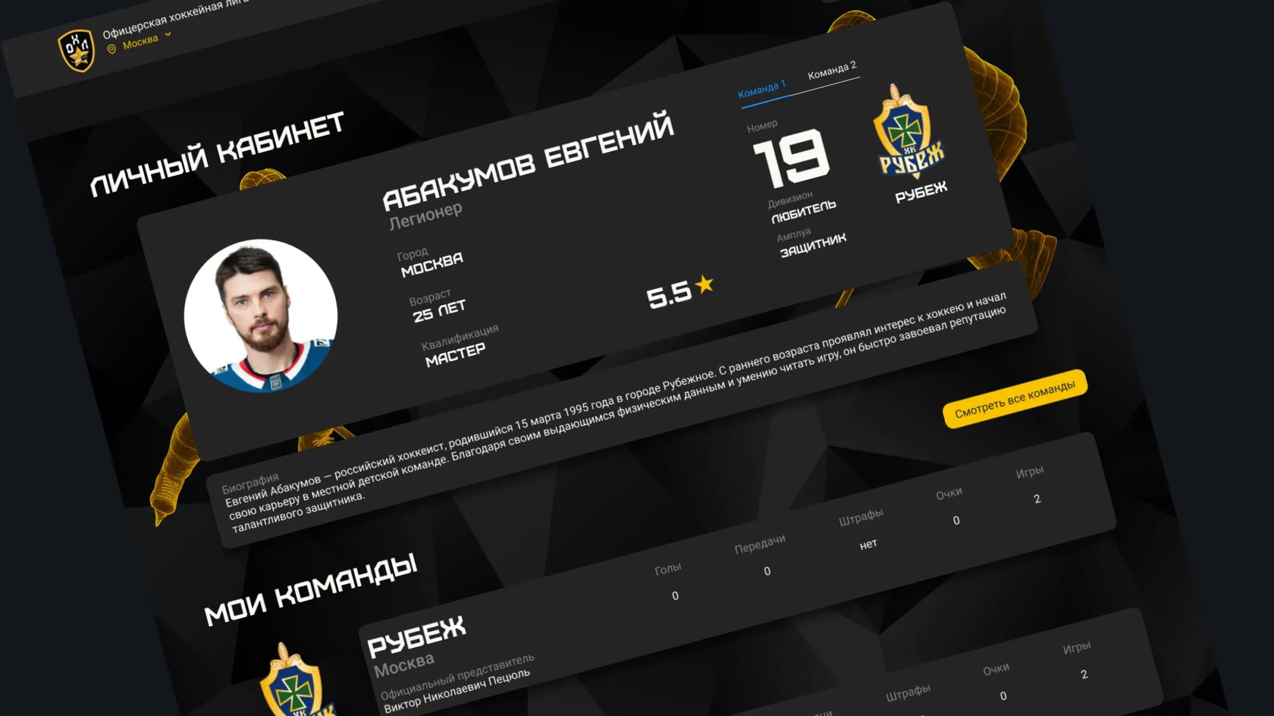 Личный кабинет игрока: профиль, рейтинг, команды